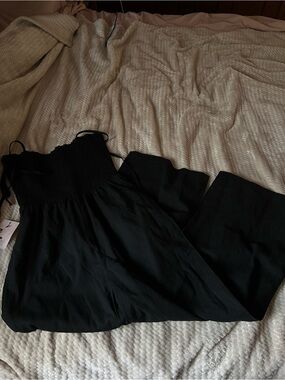 Black Smocked Bodice Wide-Leg Jumpsuit with Spaghetti Straps